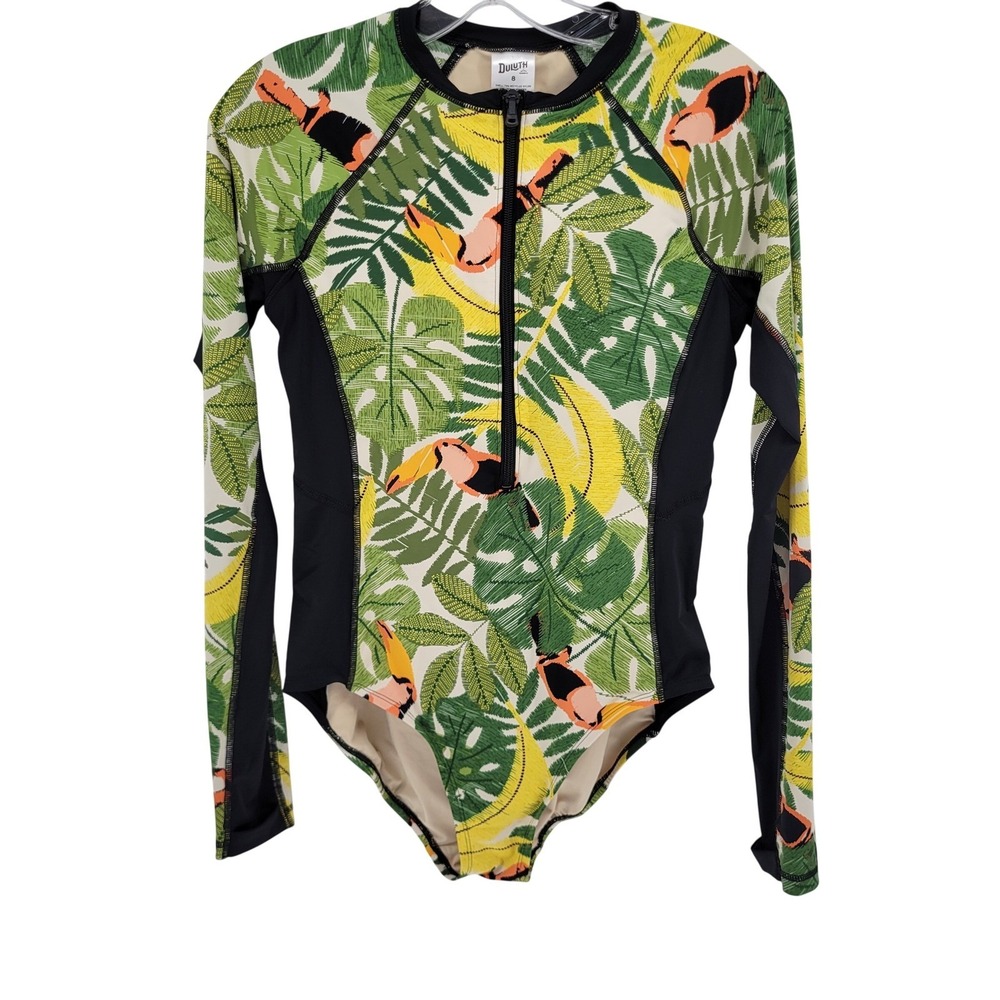 Duluth Trading Co Womens Toucan Tropical Long Sleeve One Piece Swimsuit Size 8